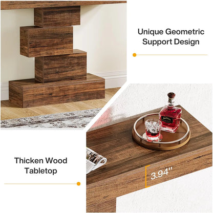 Wooden display stand with geometric design and thick wood tabletop, featuring a decanter and glasses.