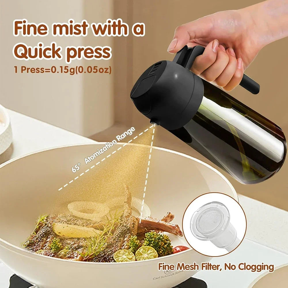 Person using a black oil sprayer over food in a pan with text about oil spray features.