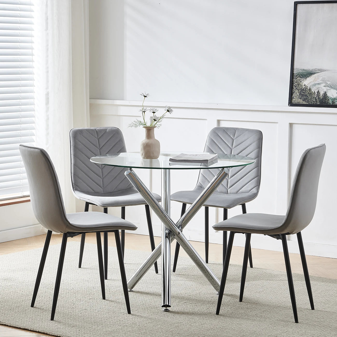 BonChoice 5Pcs Round Glass Dining Table with 4 Velvet Padded Chairs