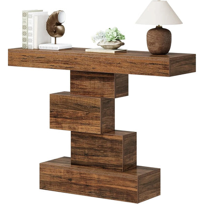 Wooden console table with decorative items on a white background