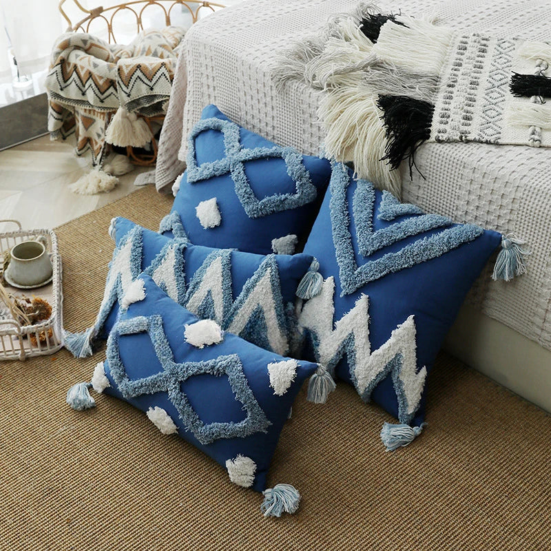 Blue Tufted Geometry Throw Pillow Cover