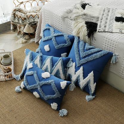 Blue Tufted Geometry Throw Pillow Cover